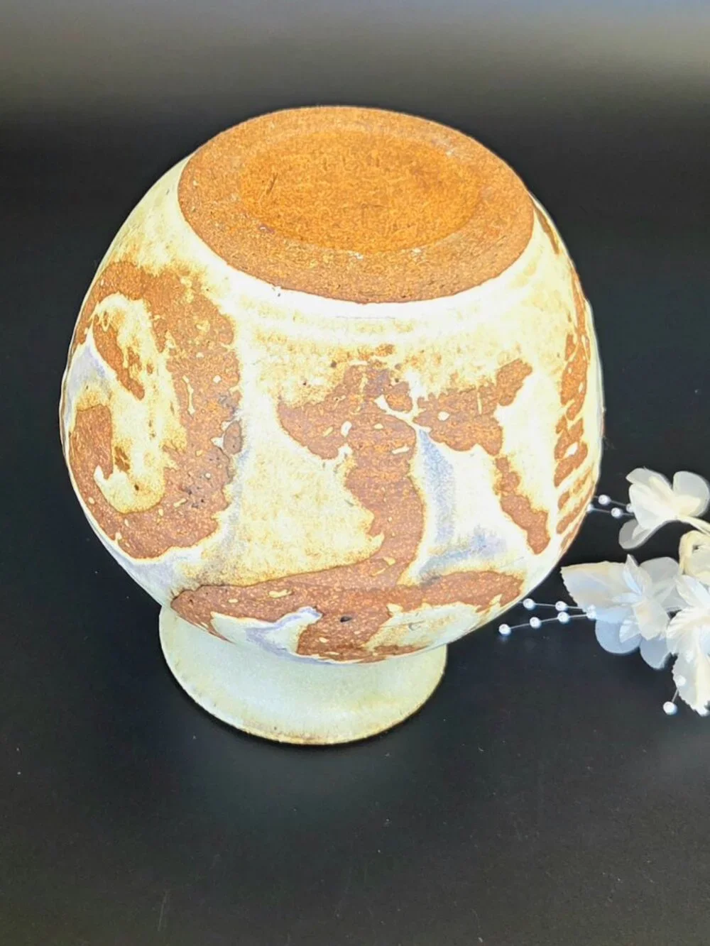 Antique 1918 Handmade Stoneware Pottery Vase – Cream & Brown – Signed